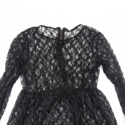 Preworn Womens Black Floral Polyester Skater Dress Size M Round Neck Zip