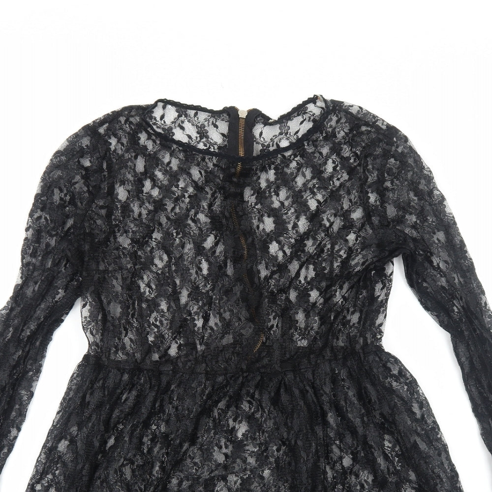 Preworn Womens Black Floral Polyester Skater Dress Size M Round Neck Zip