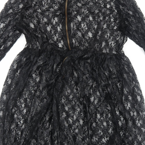 Preworn Womens Black Floral Polyester Skater Dress Size M Round Neck Zip