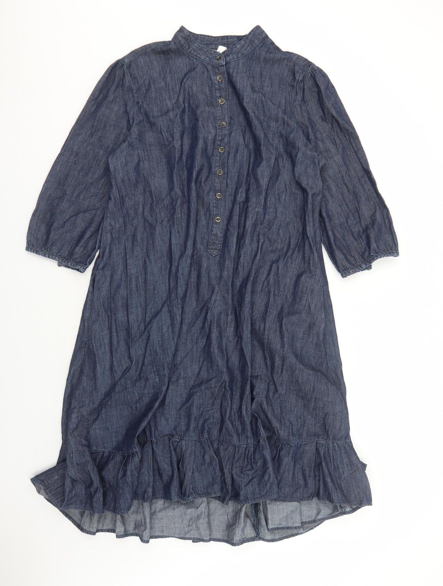 And Or Womens Blue Cotton Shirt Dress Size 12 Round Neck Button