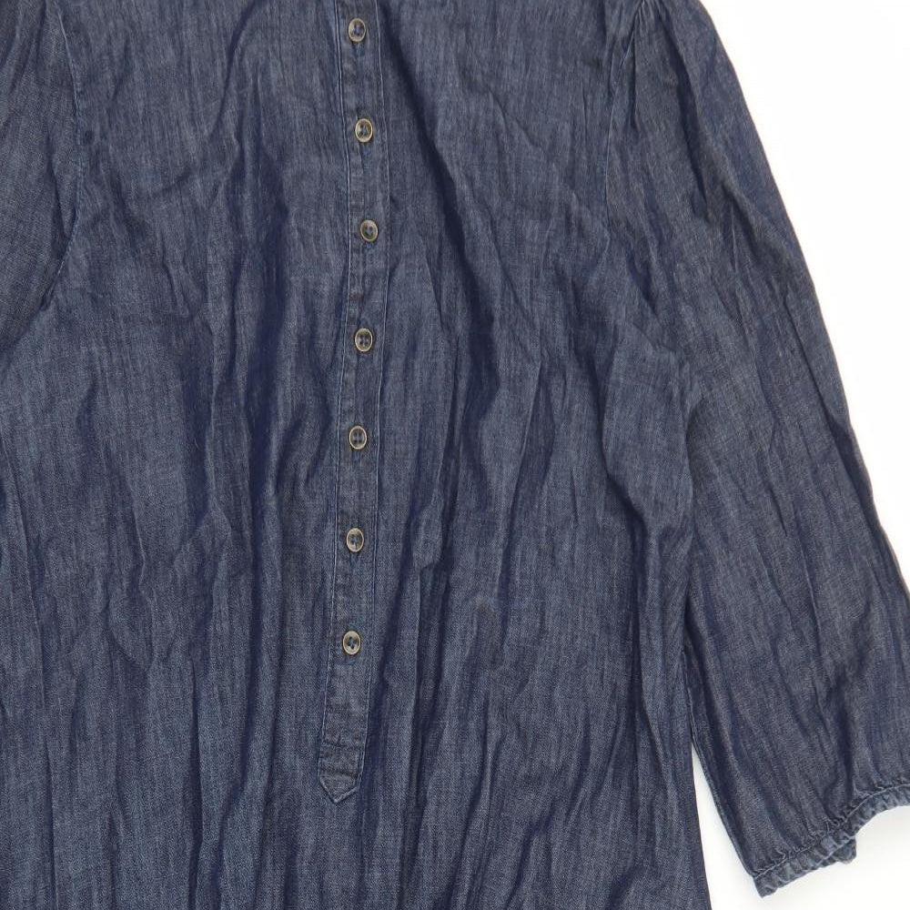 And Or Womens Blue Cotton Shirt Dress Size 12 Round Neck Button