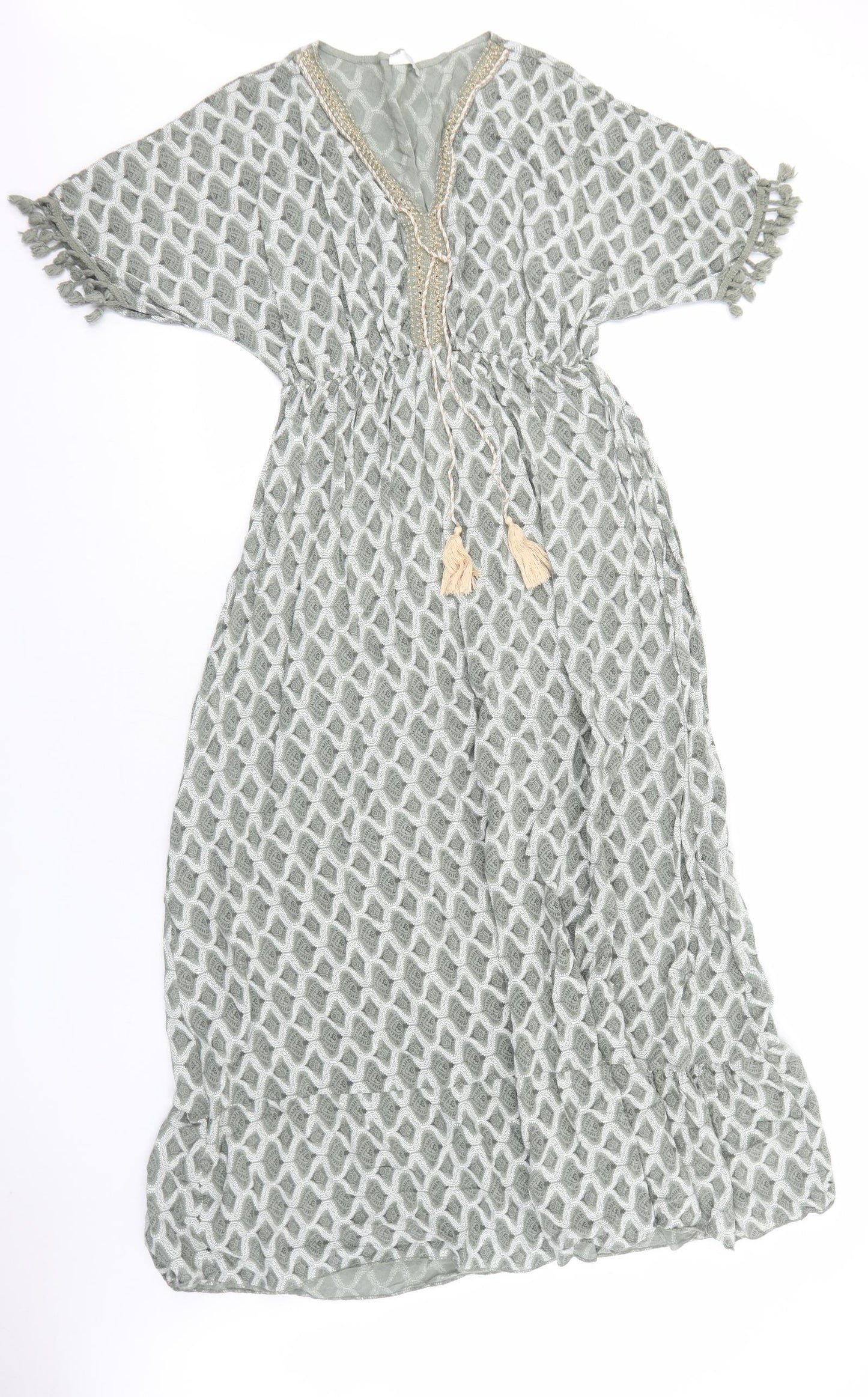 Preworn Womens Green Geometric Cotton Maxi Size L V-Neck Pullover