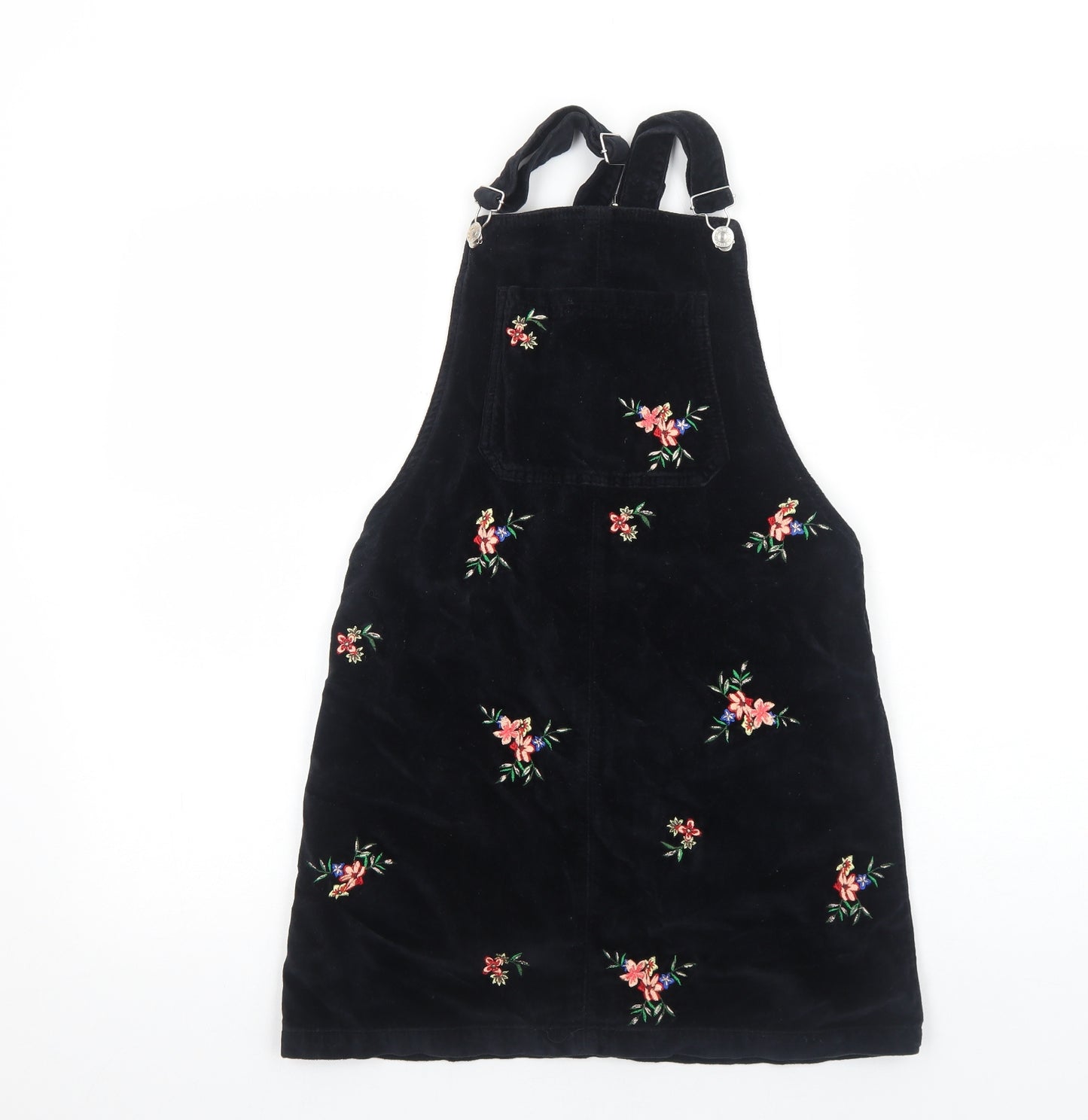 Topshop Womens Black Floral Cotton Pinafore/Dungaree Dress Size 6 Square Neck Buckle