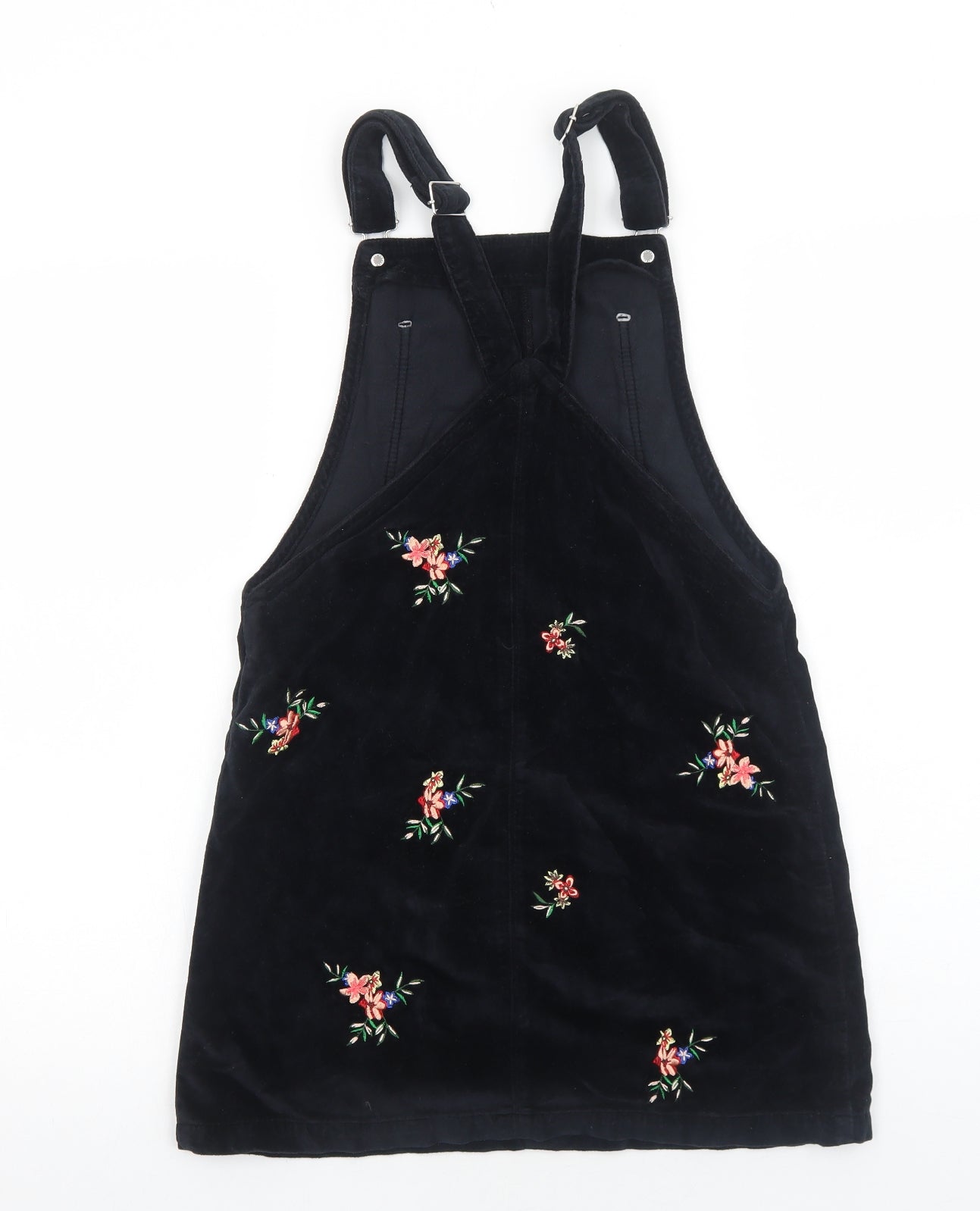 Topshop Womens Black Floral Cotton Pinafore/Dungaree Dress Size 6 Square Neck Buckle