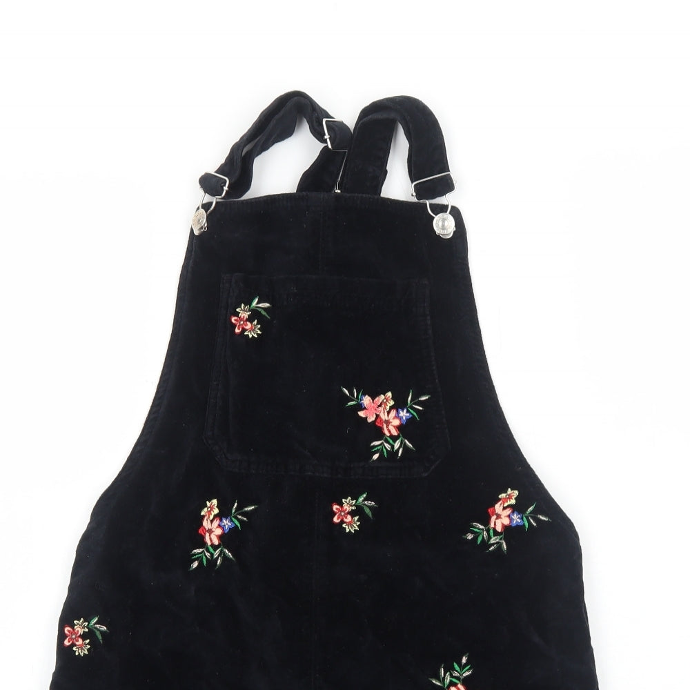 Topshop Womens Black Floral Cotton Pinafore/Dungaree Dress Size 6 Square Neck Buckle