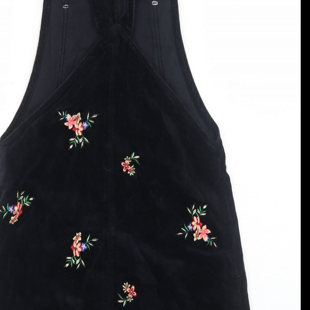 Topshop Womens Black Floral Cotton Pinafore/Dungaree Dress Size 6 Square Neck Buckle