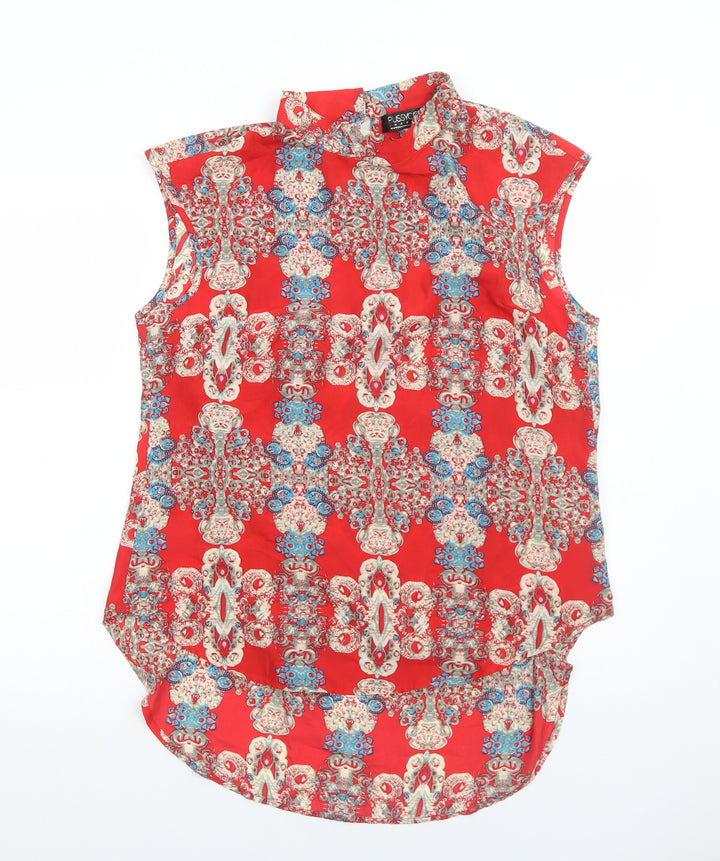 Pussycat London Womens Red Geometric Polyester Basic Tank Size M Round Neck