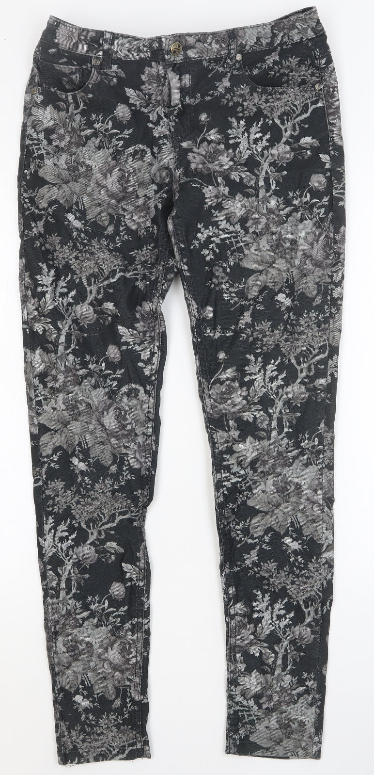 Phase Eight Womens Black Floral Cotton Skinny Jeans Size 10 Regular Button