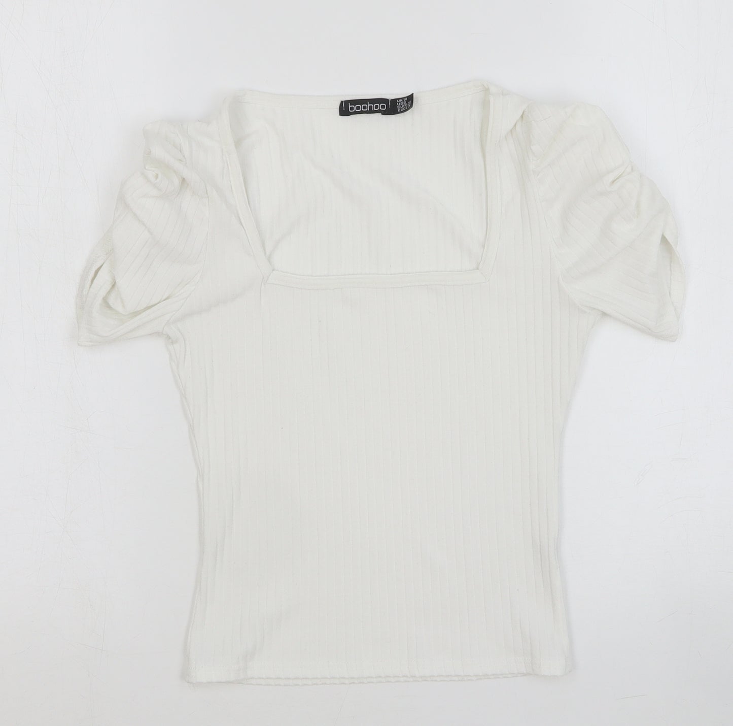 Boohoo Womens White Cotton Basic T-Shirt Size 10 Square Neck - Ribbed, Sleeve Ruched