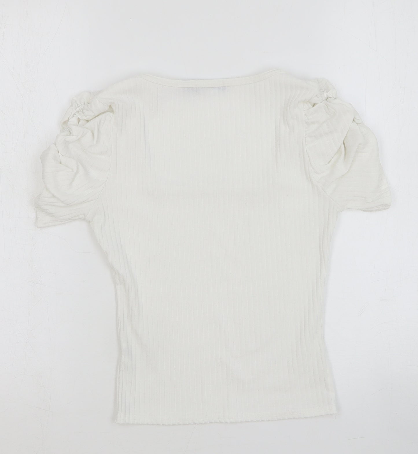 Boohoo Womens White Cotton Basic T-Shirt Size 10 Square Neck - Ribbed, Sleeve Ruched