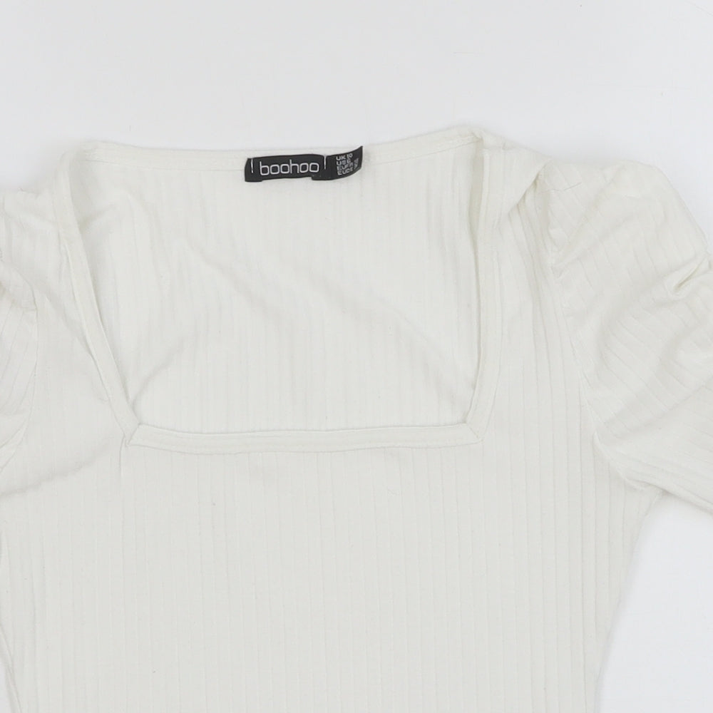 Boohoo Womens White Cotton Basic T-Shirt Size 10 Square Neck - Ribbed, Sleeve Ruched