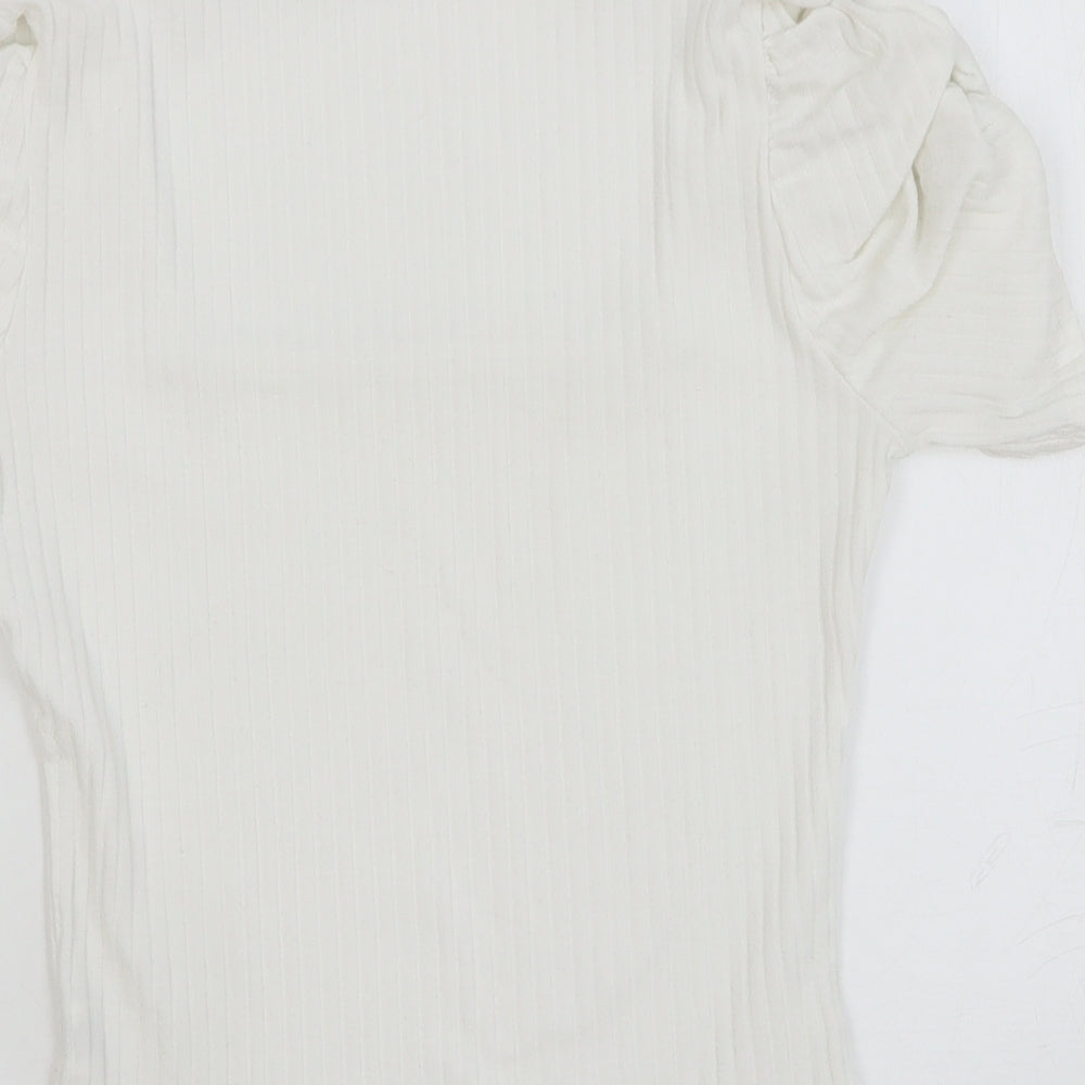 Boohoo Womens White Cotton Basic T-Shirt Size 10 Square Neck - Ribbed, Sleeve Ruched