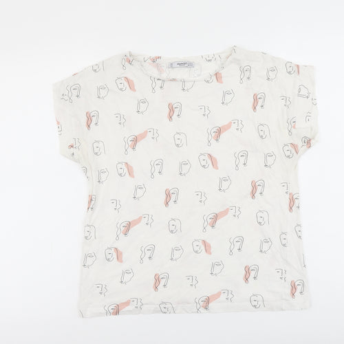 Mango Womens White Geometric Cotton Basic T-Shirt Size M Boat Neck