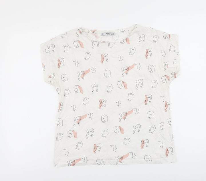Mango Womens White Geometric Cotton Basic T-Shirt Size M Boat Neck