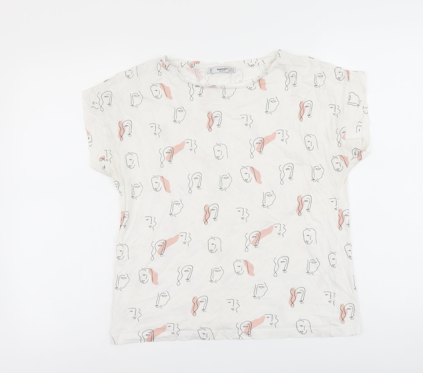 Mango Womens White Geometric Cotton Basic T-Shirt Size M Boat Neck