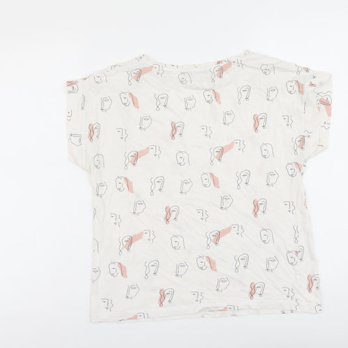 Mango Womens White Geometric Cotton Basic T-Shirt Size M Boat Neck