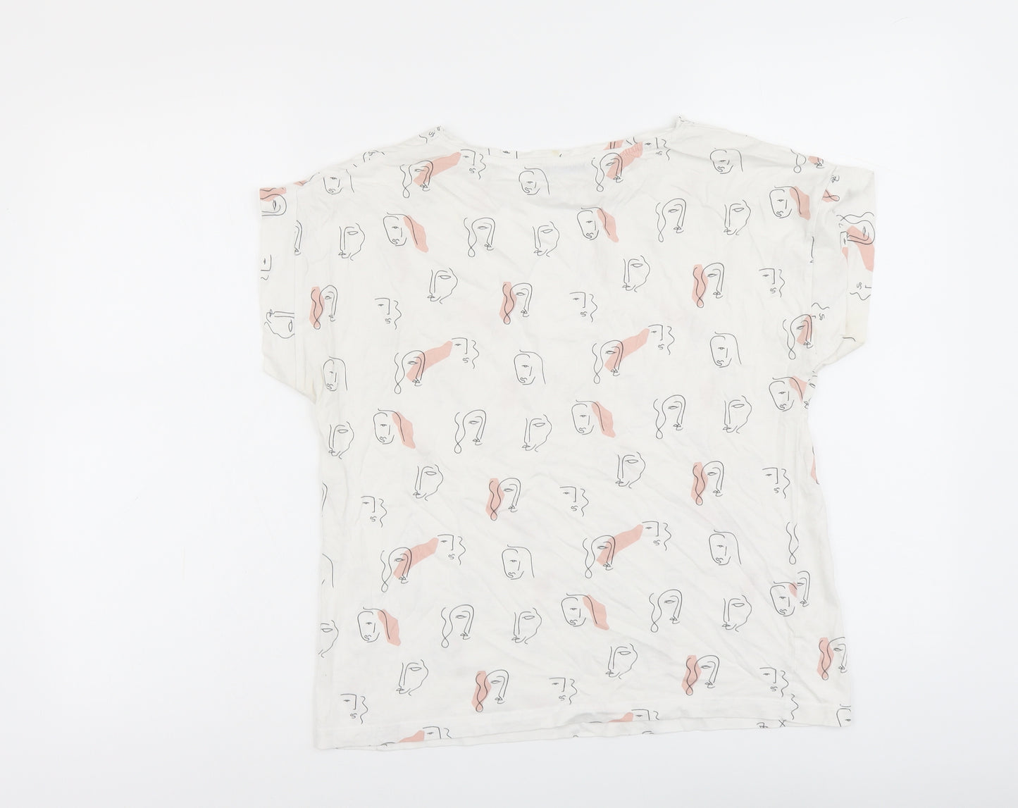 Mango Womens White Geometric Cotton Basic T-Shirt Size M Boat Neck