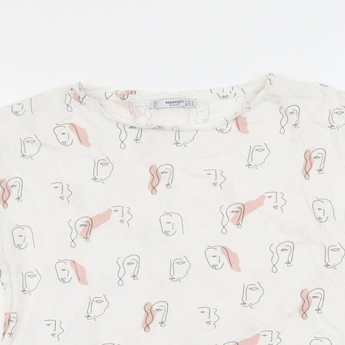 Mango Womens White Geometric Cotton Basic T-Shirt Size M Boat Neck