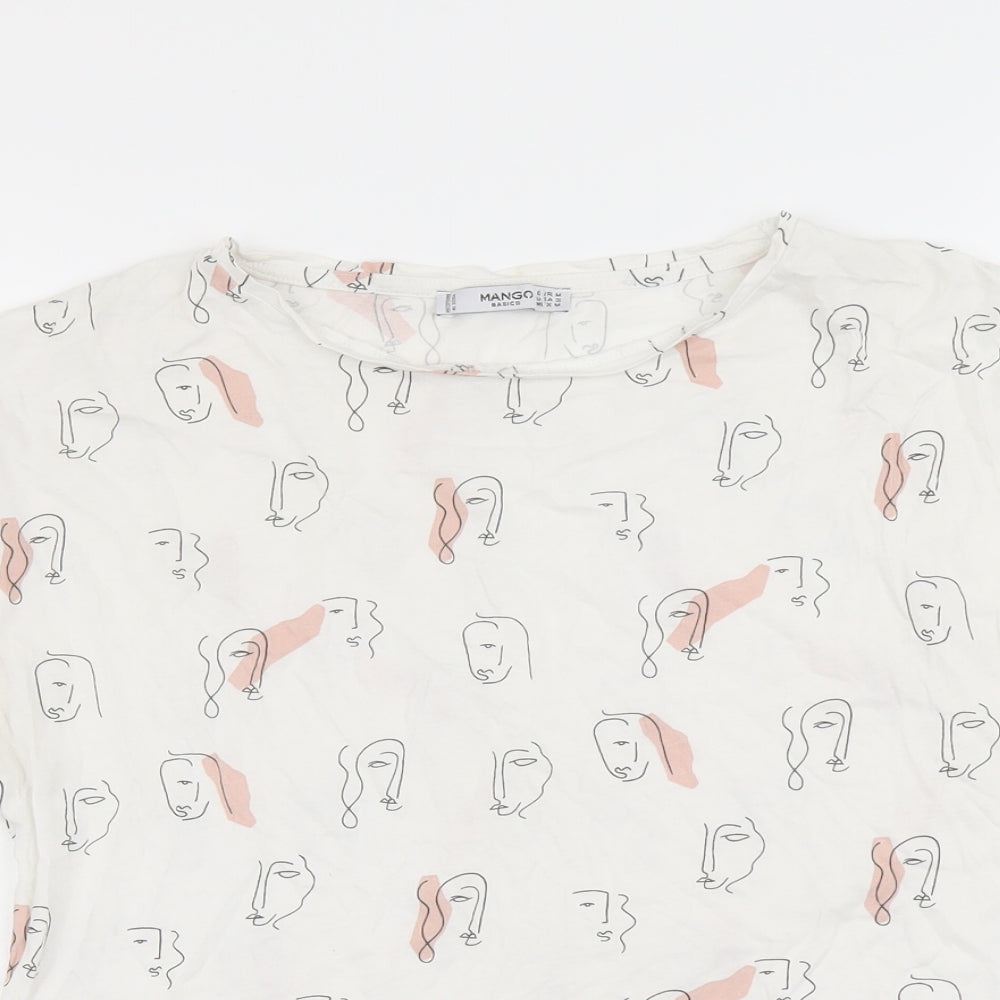 Mango Womens White Geometric Cotton Basic T-Shirt Size M Boat Neck