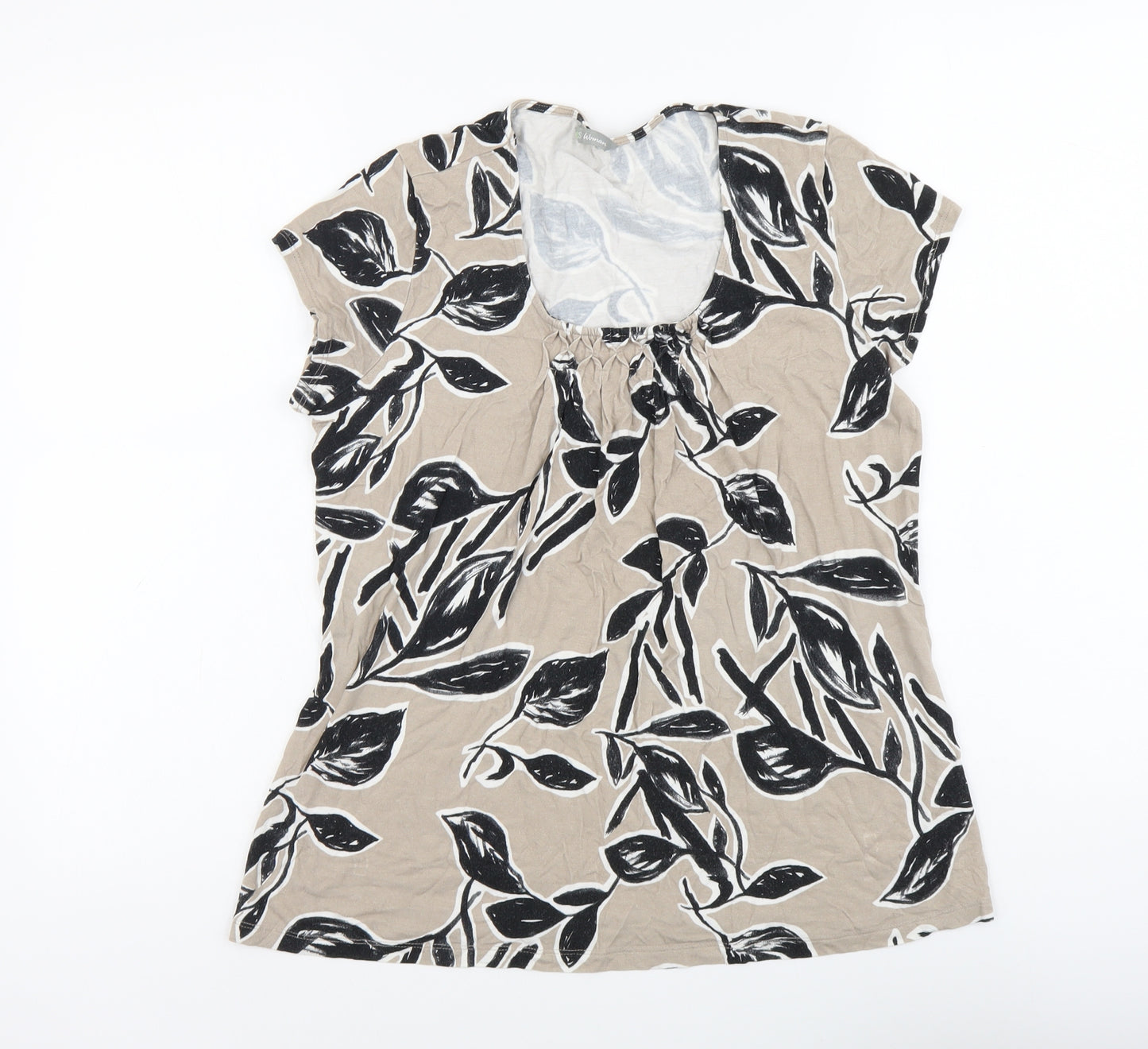 Marks and Spencer Womens Beige Geometric Viscose Basic T-Shirt Size 12 Round Neck - Leaf Print