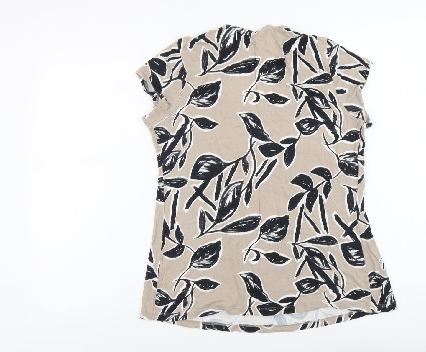 Marks and Spencer Womens Beige Geometric Viscose Basic T-Shirt Size 12 Round Neck - Leaf Print