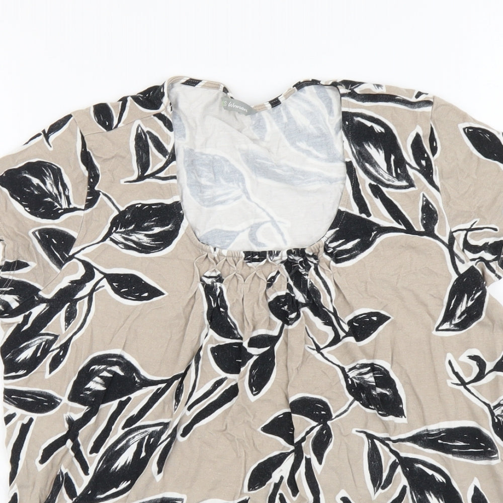 Marks and Spencer Womens Beige Geometric Viscose Basic T-Shirt Size 12 Round Neck - Leaf Print