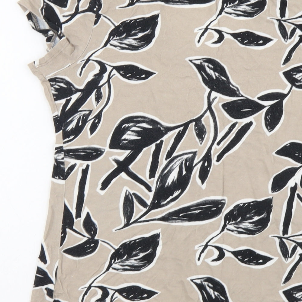 Marks and Spencer Womens Beige Geometric Viscose Basic T-Shirt Size 12 Round Neck - Leaf Print