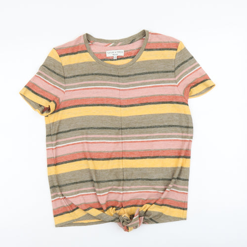 Texture&Thread Womens Multicoloured Striped Cotton Basic T-Shirt Size M Round Neck - Knot Front