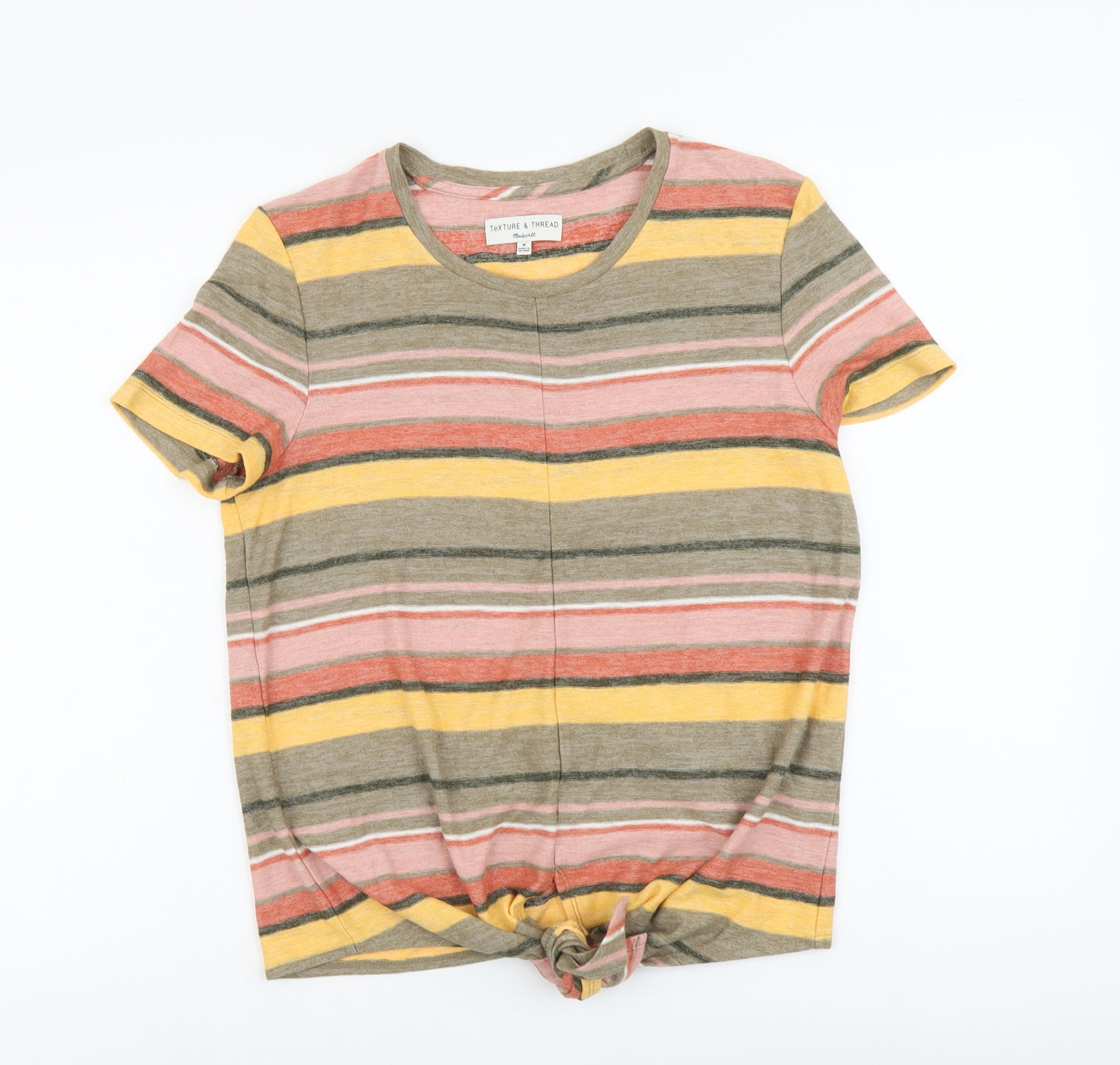 Texture&Thread Womens Multicoloured Striped Cotton Basic T-Shirt Size M Round Neck - Knot Front