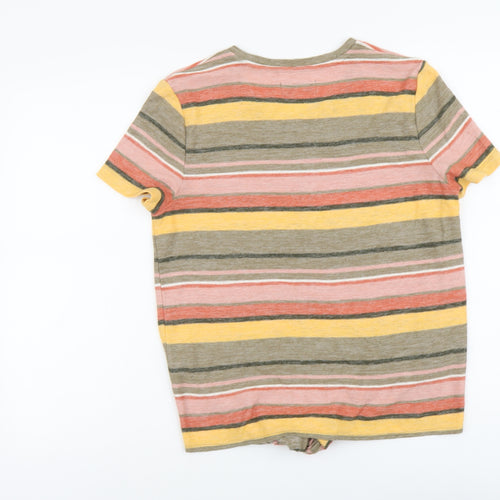 Texture&Thread Womens Multicoloured Striped Cotton Basic T-Shirt Size M Round Neck - Knot Front