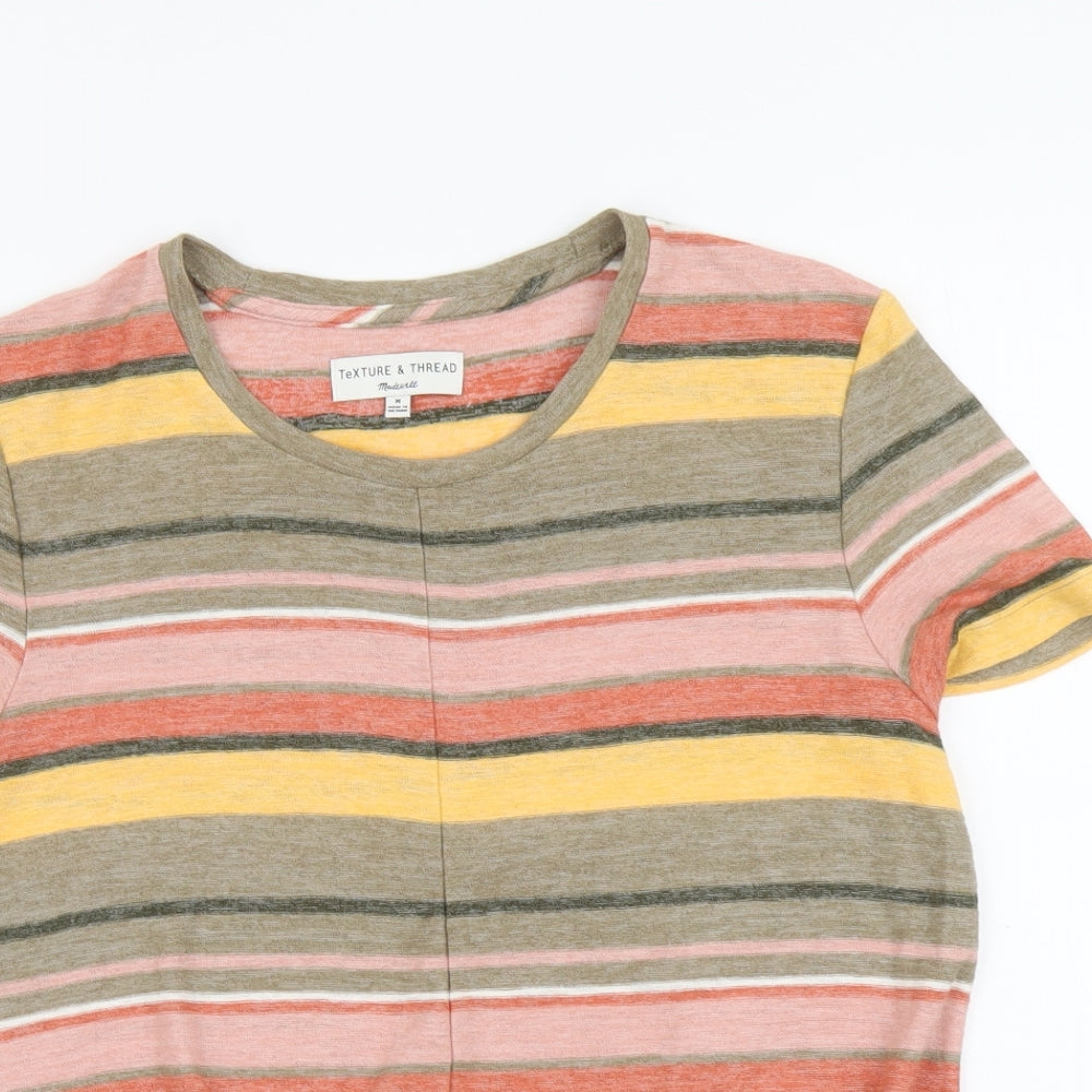 Texture&Thread Womens Multicoloured Striped Cotton Basic T-Shirt Size M Round Neck - Knot Front