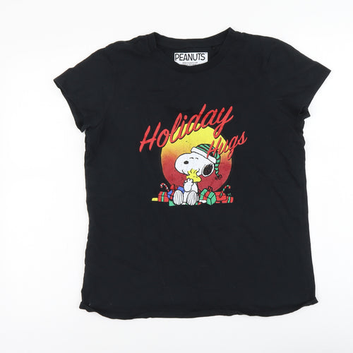 Peanuts Womens Black Cotton Basic T-Shirt Size M Round Neck - Snoopy Holiday Hugs