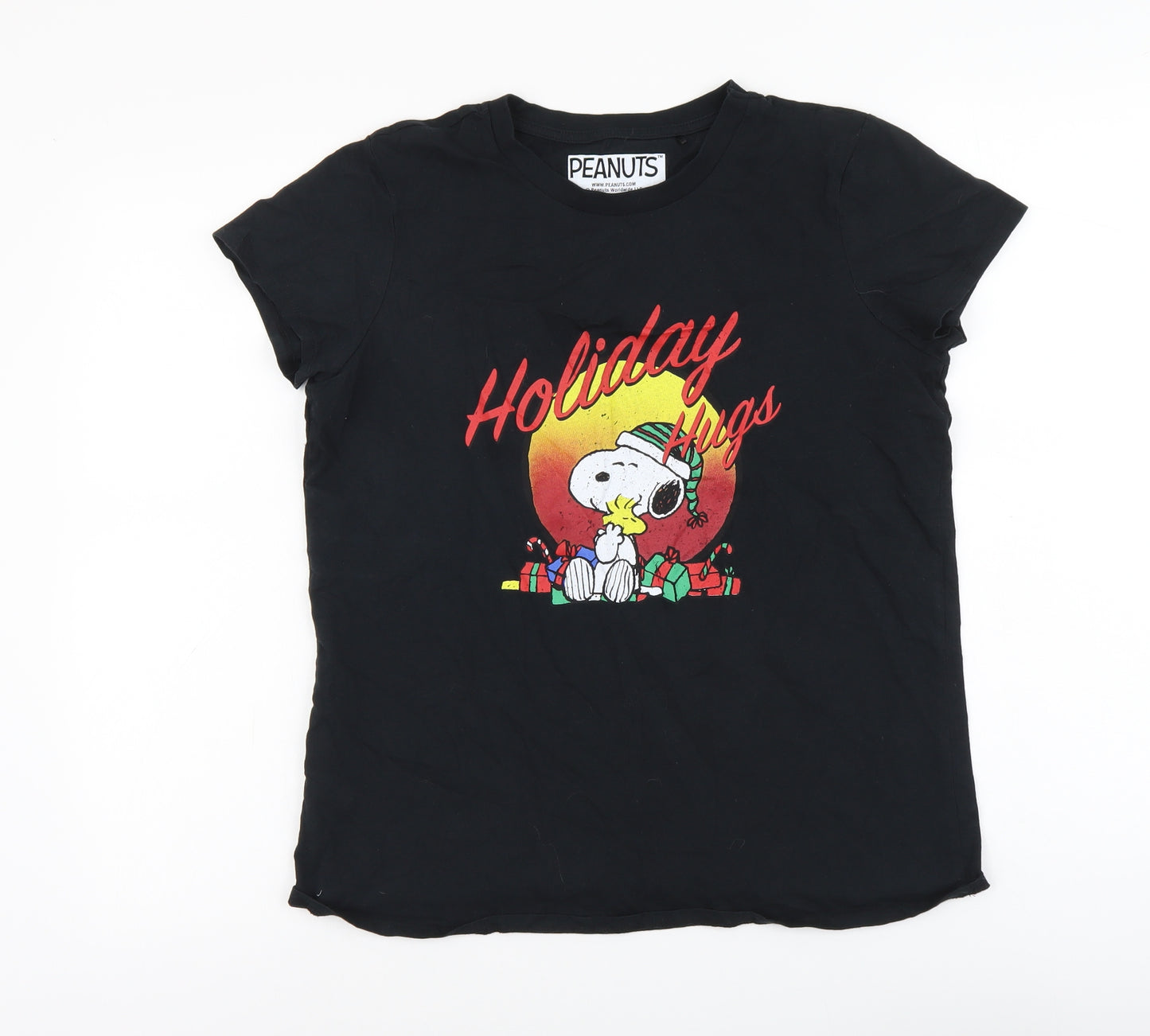 Peanuts Womens Black Cotton Basic T-Shirt Size M Round Neck - Snoopy Holiday Hugs