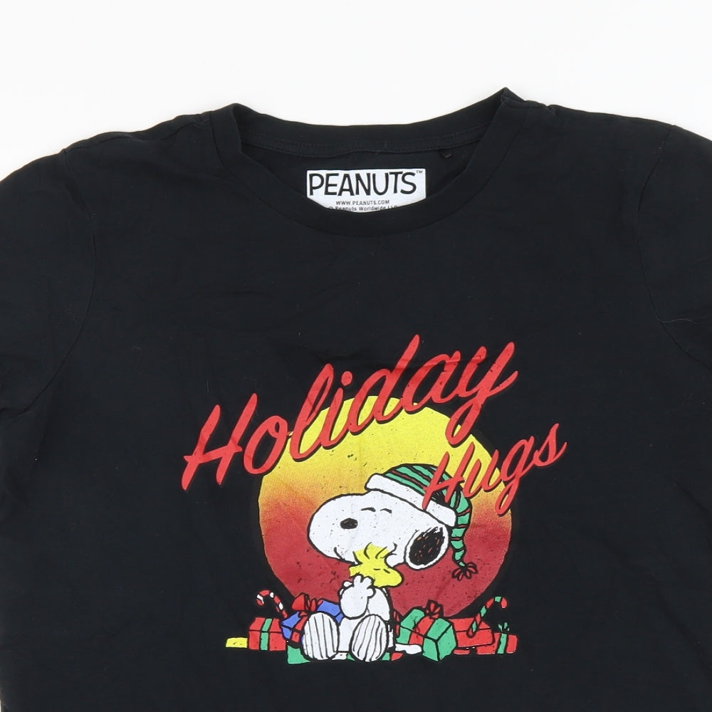 Peanuts Womens Black Cotton Basic T-Shirt Size M Round Neck - Snoopy Holiday Hugs