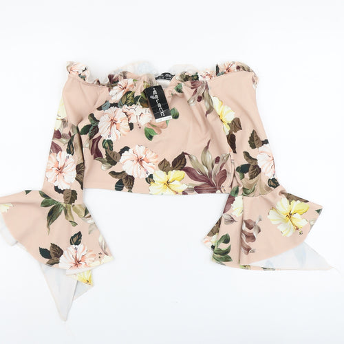 Select Womens Pink Floral Polyester Cropped Blouse Size 10 Off the Shoulder