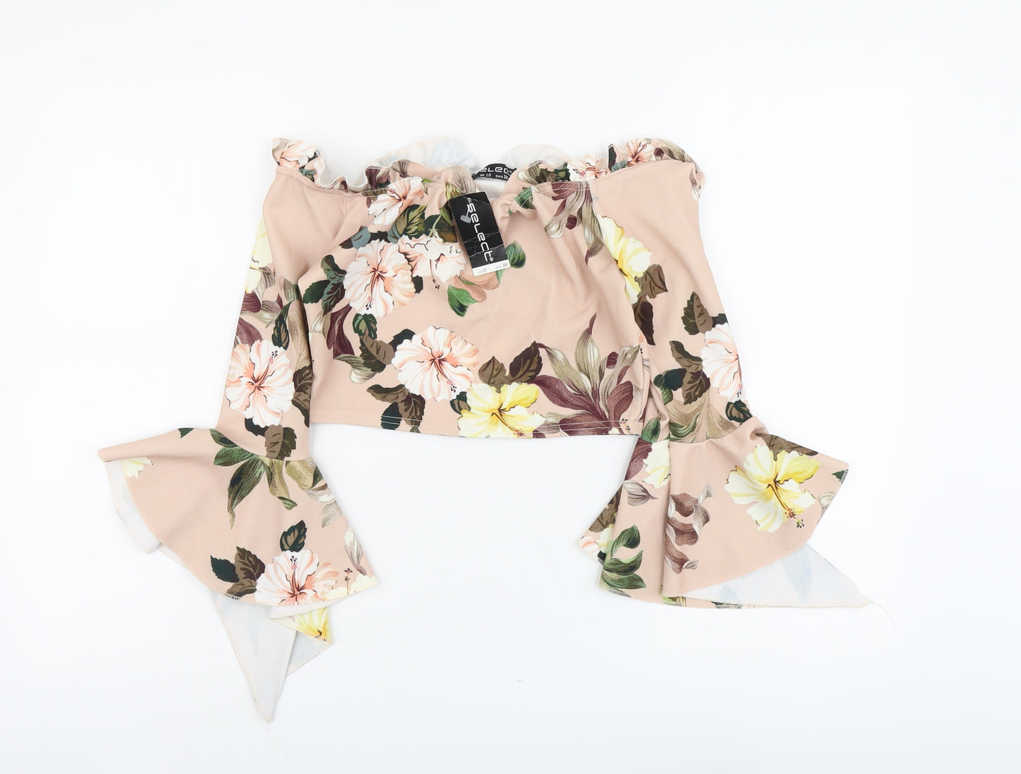 Select Womens Pink Floral Polyester Cropped Blouse Size 10 Off the Shoulder