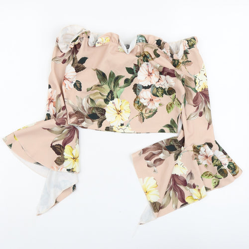 Select Womens Pink Floral Polyester Cropped Blouse Size 10 Off the Shoulder