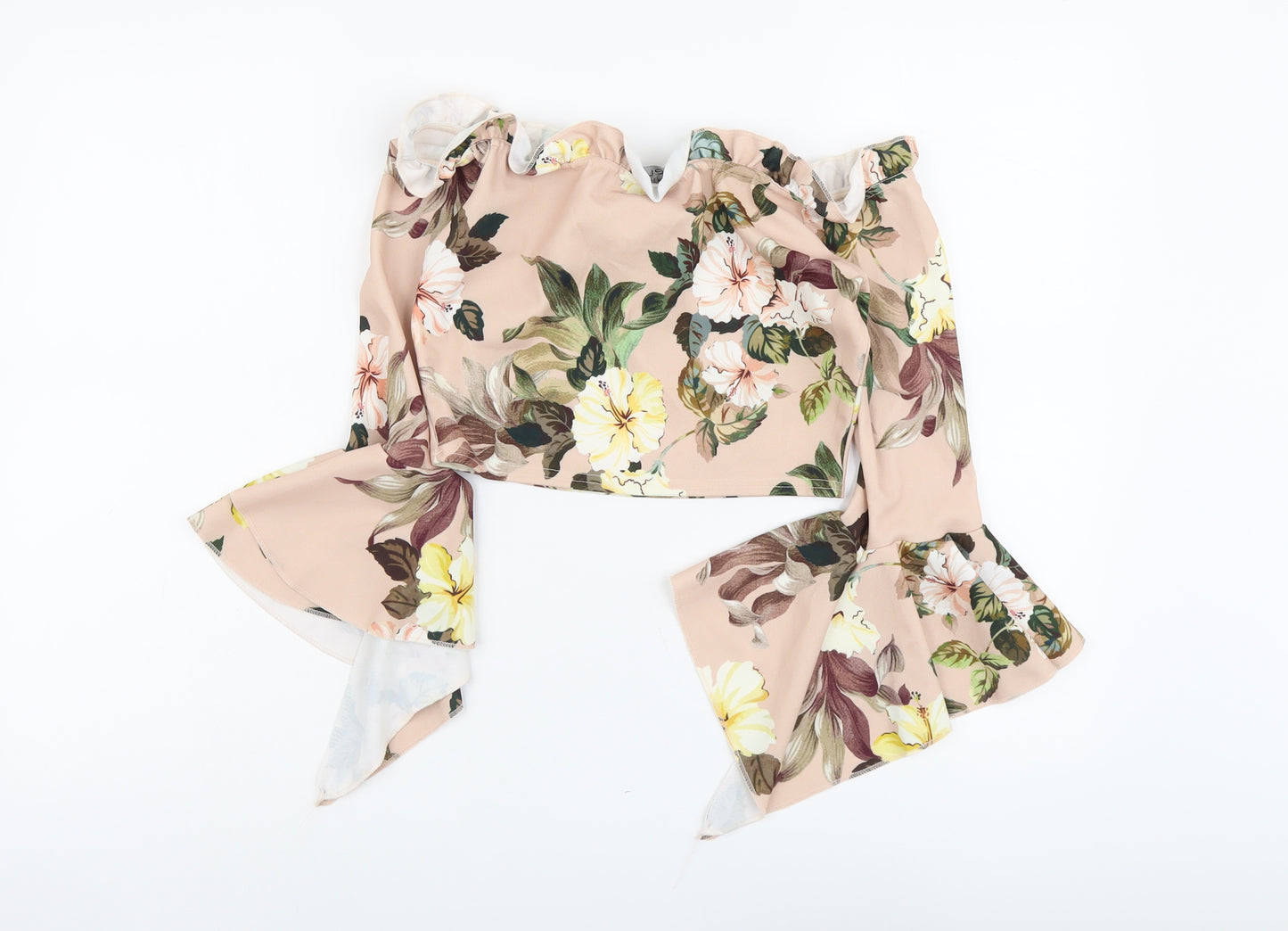 Select Womens Pink Floral Polyester Cropped Blouse Size 10 Off the Shoulder