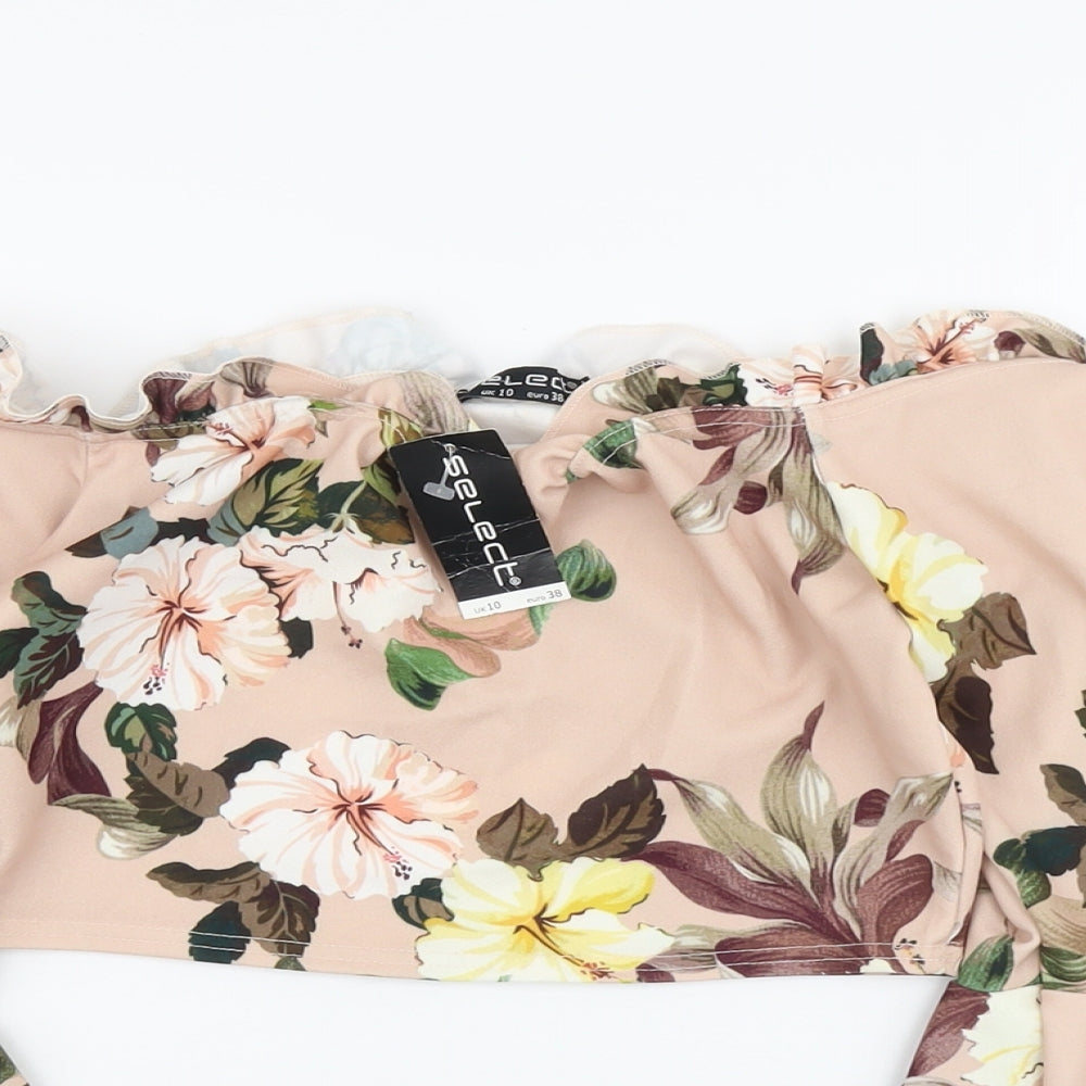 Select Womens Pink Floral Polyester Cropped Blouse Size 10 Off the Shoulder