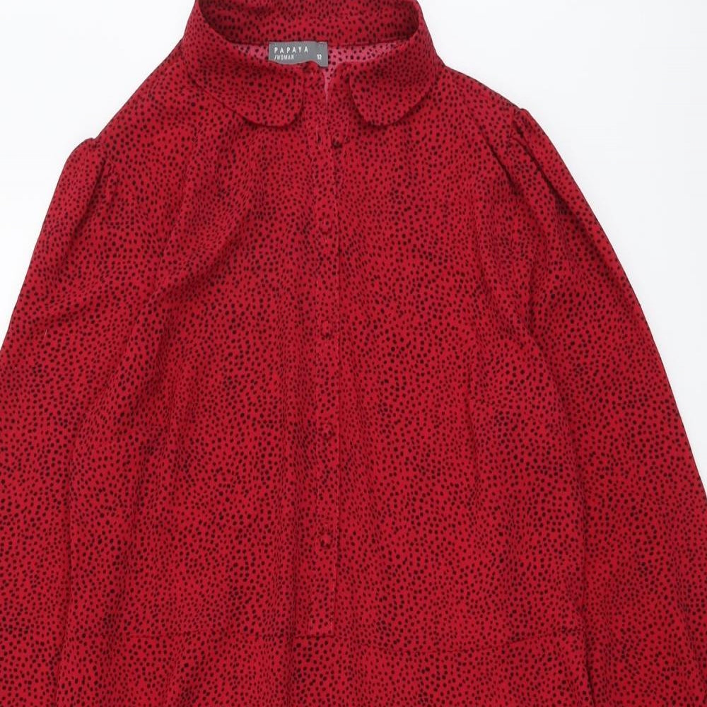Papaya Womens Red Geometric Polyester Shirt Dress Size 12 Collared Button