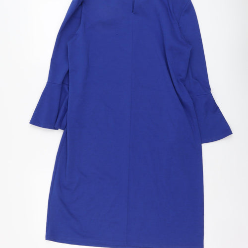 Debenhams Womens Blue Polyester Shift Size 12 Boat Neck Button - Necklace Detail, Bell Sleeve
