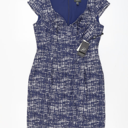 Adrianna Papell Womens Blue Geometric Viscose Pencil Dress Size 12 Sweetheart Zip