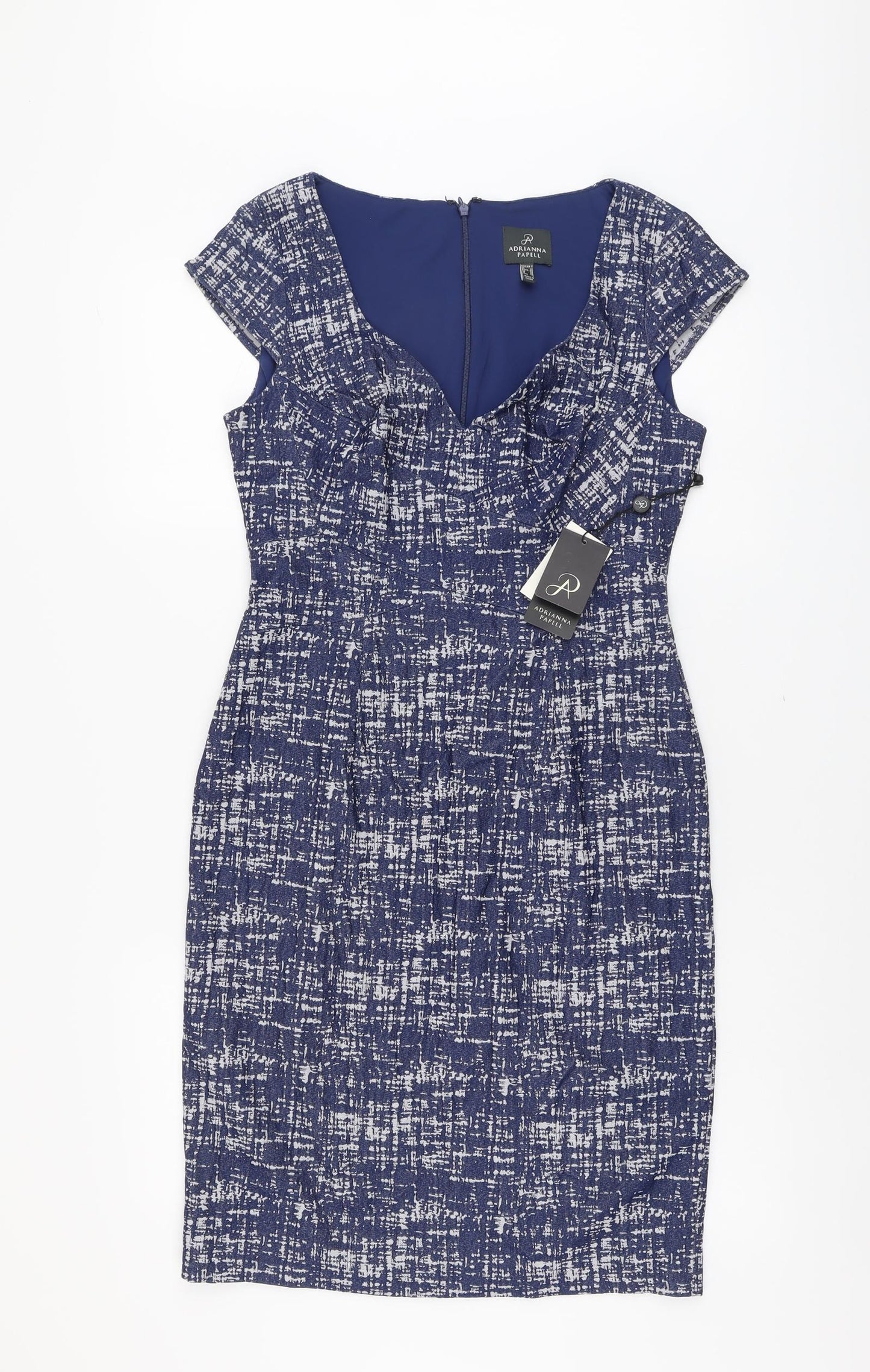 Adrianna Papell Womens Blue Geometric Viscose Pencil Dress Size 12 Sweetheart Zip