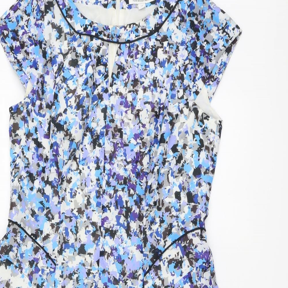Fenn Wright Manson Womens Blue Geometric Polyester A-Line Size 14 Boat Neck Zip