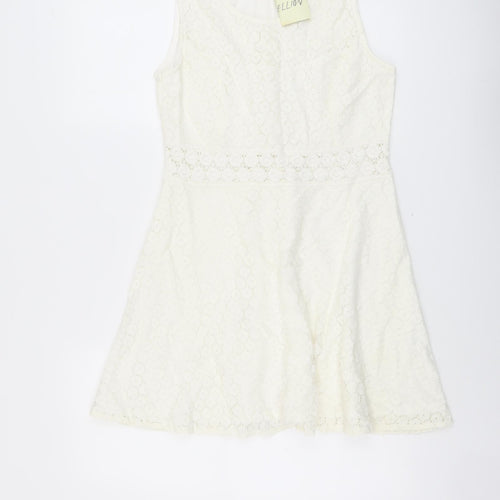 Rebellion Womens Ivory Floral Cotton Skater Dress Size M Scoop Neck Zip