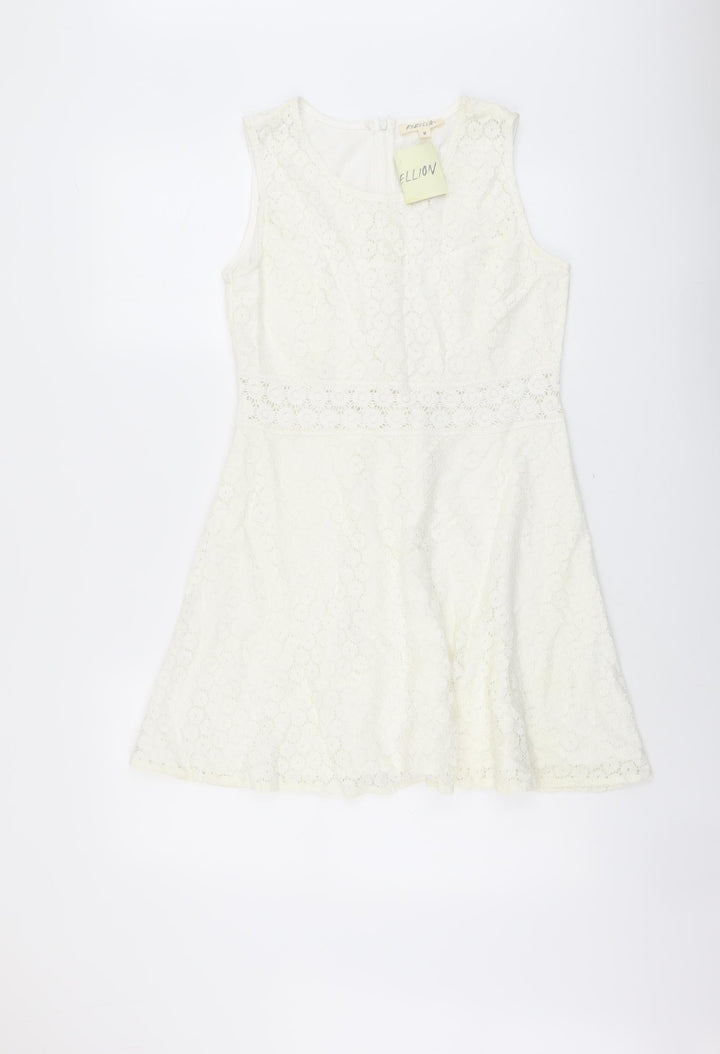 Rebellion Womens Ivory Floral Cotton Skater Dress Size M Scoop Neck Zip