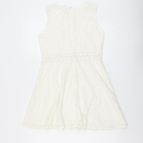 Rebellion Womens Ivory Floral Cotton Skater Dress Size M Scoop Neck Zip