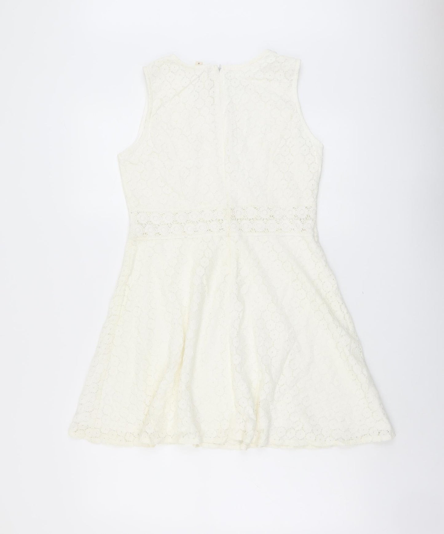 Rebellion Womens Ivory Floral Cotton Skater Dress Size M Scoop Neck Zip