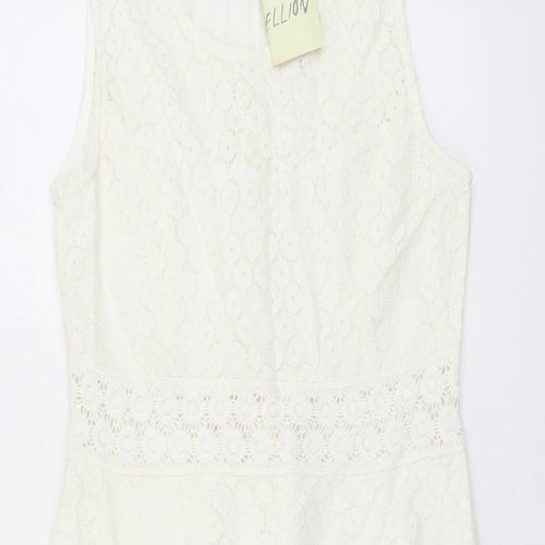 Rebellion Womens Ivory Floral Cotton Skater Dress Size M Scoop Neck Zip