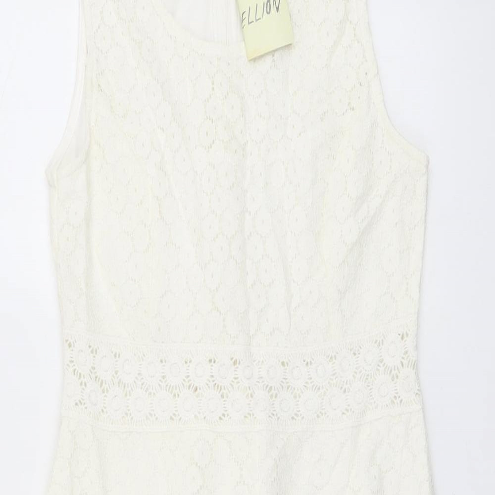 Rebellion Womens Ivory Floral Cotton Skater Dress Size M Scoop Neck Zip